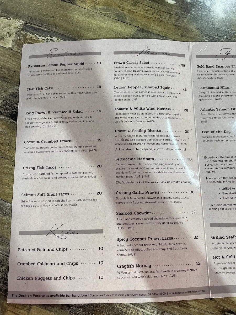 Menu, The Deck on Parkyn