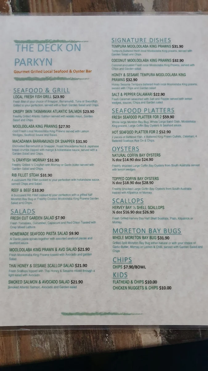 Menu, The Deck on Parkyn