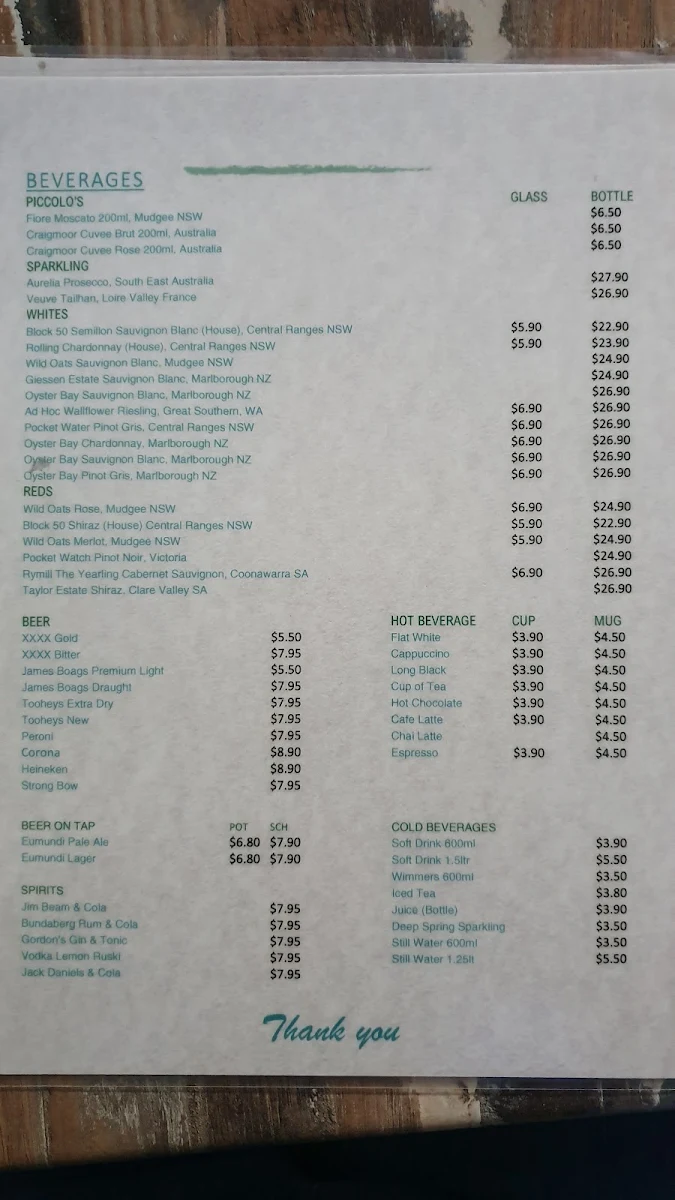 Menu, The Deck on Parkyn