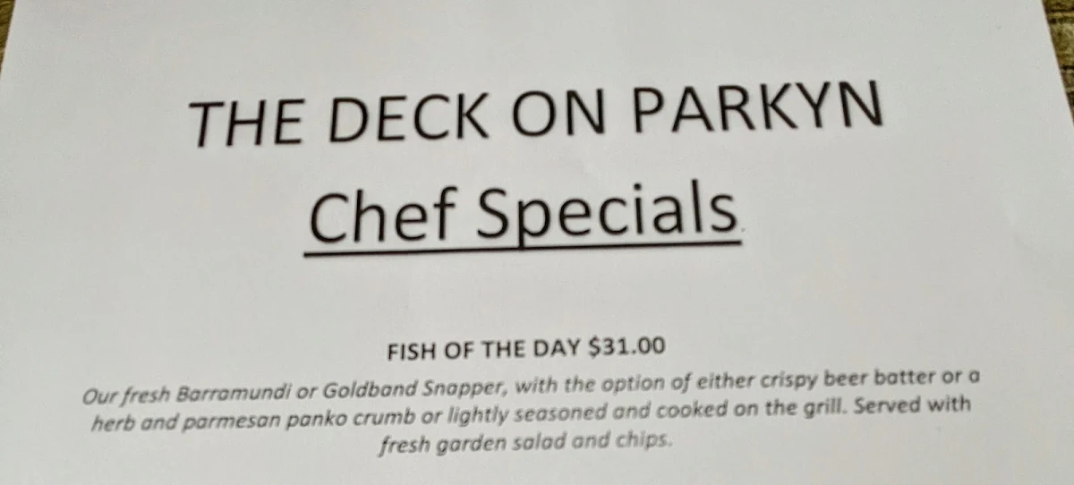 Menu, The Deck on Parkyn