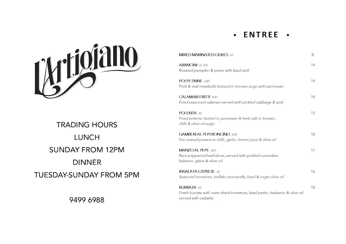 Menu, L'Artigiano Ivanhoe