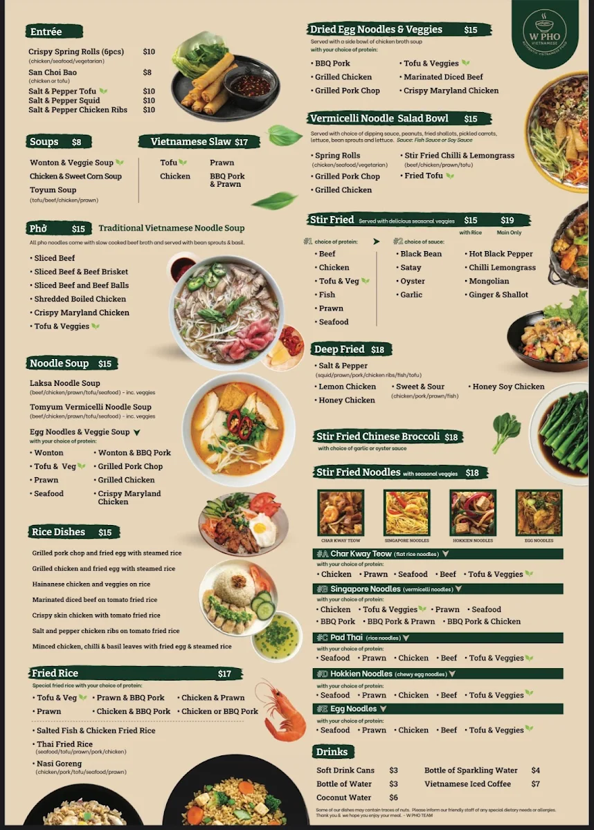 Menu, W Pho Vietnamese