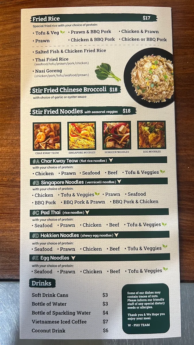 Menu, W Pho Vietnamese