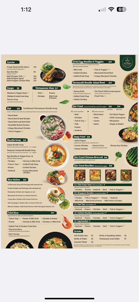 Menu, W Pho Vietnamese