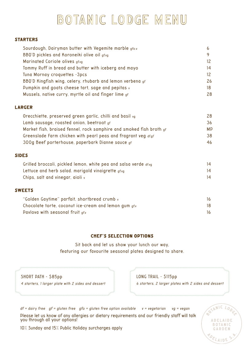 Menu, Botanic Lodge