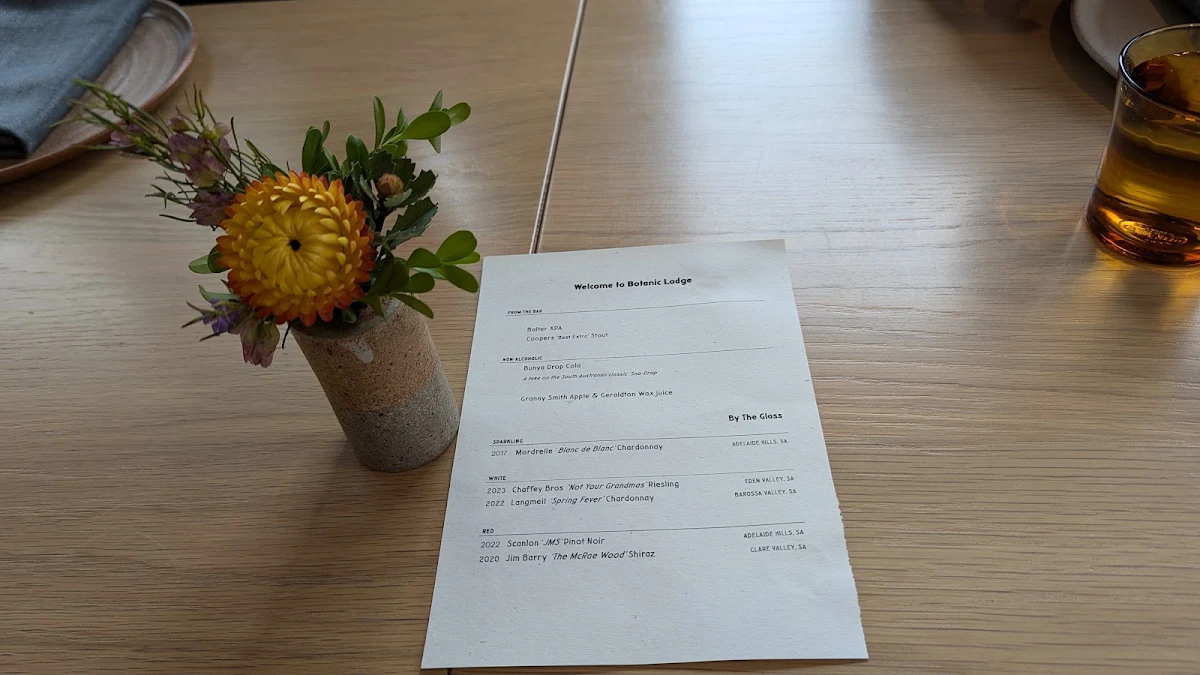 Menu, Botanic Lodge