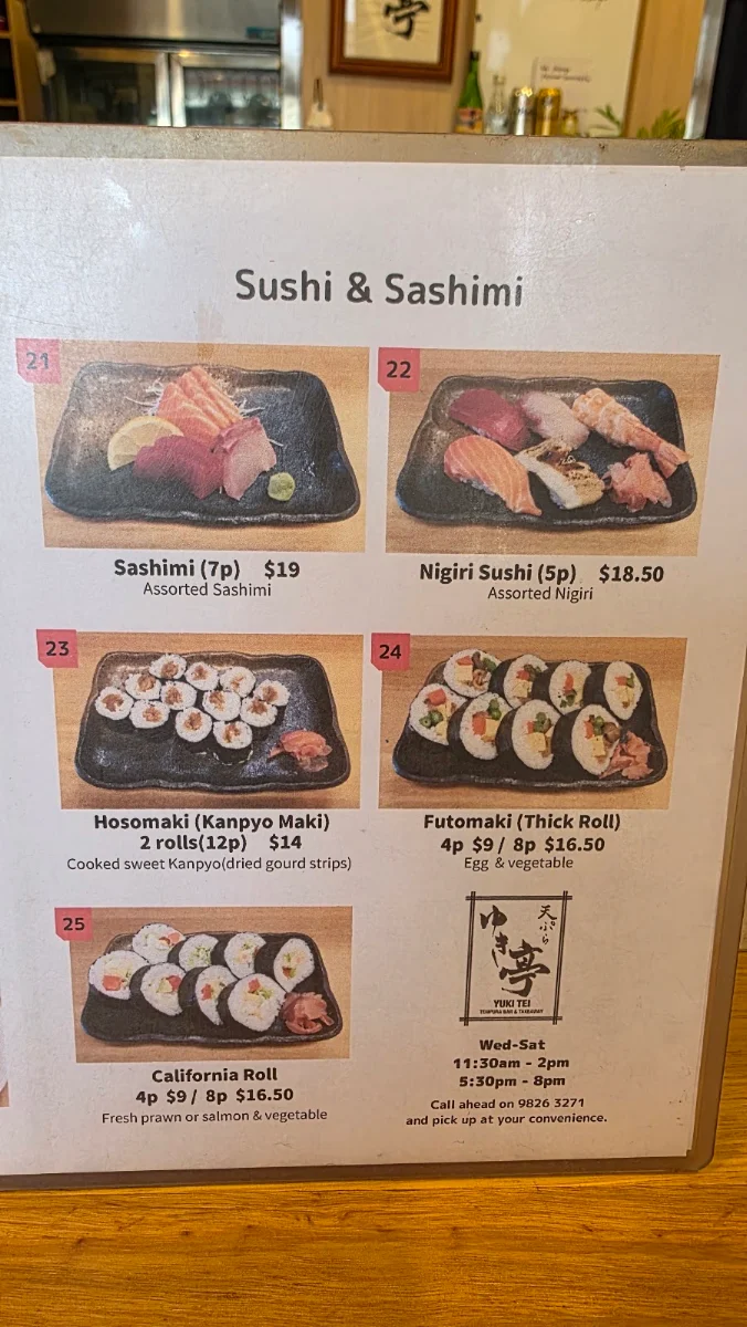 Menu, Yuki Tei Japanese Tempura Bar & Takeaway