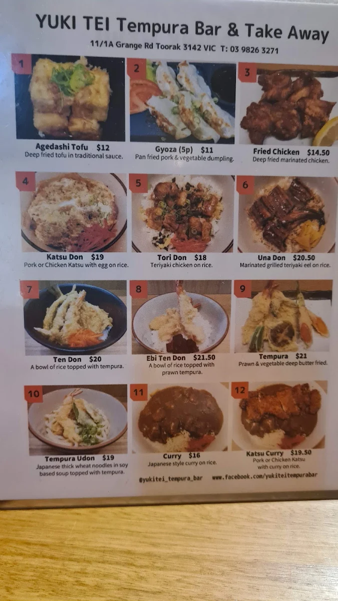 Menu, Yuki Tei Japanese Tempura Bar & Takeaway