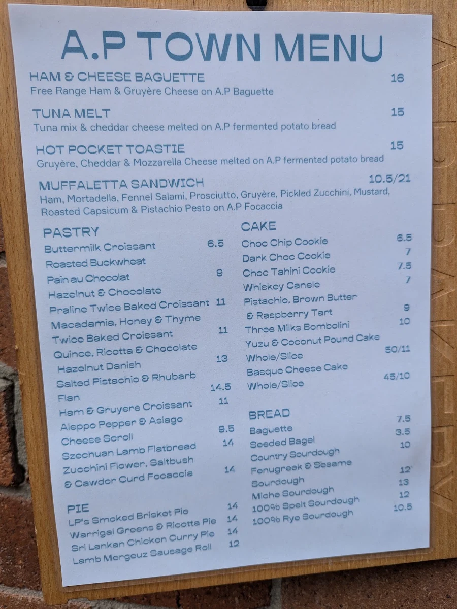 Menu, A.P Town (A.P Bakery)