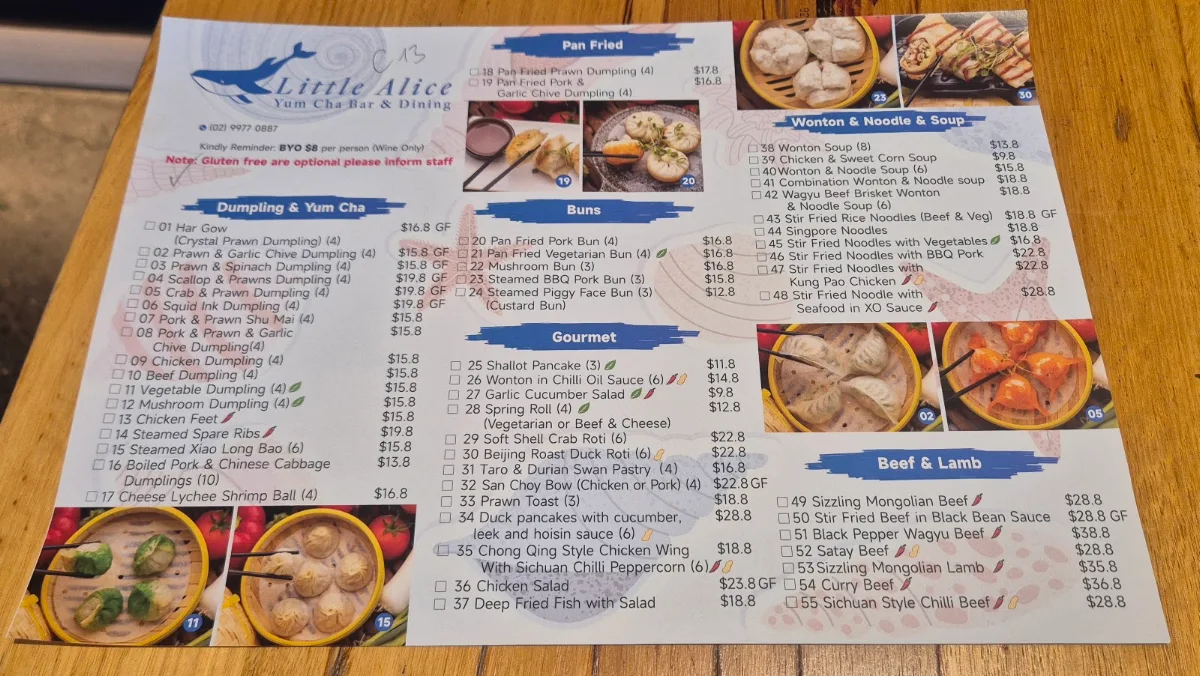Menu, Little Alice Yum Cha