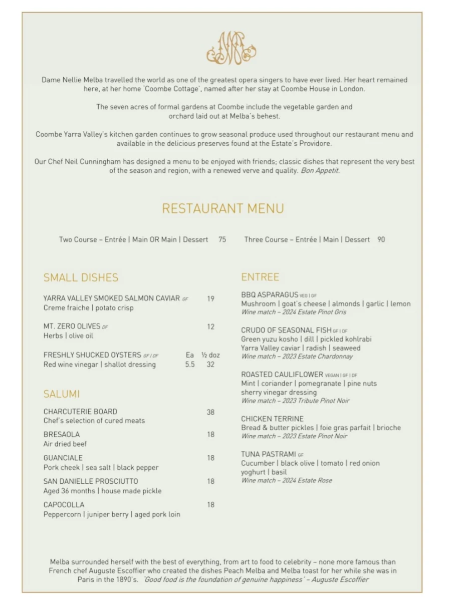 Menu, Coombe Yarra Valley - Wedding Venue, Restaurant, Cellar Door, and Tours