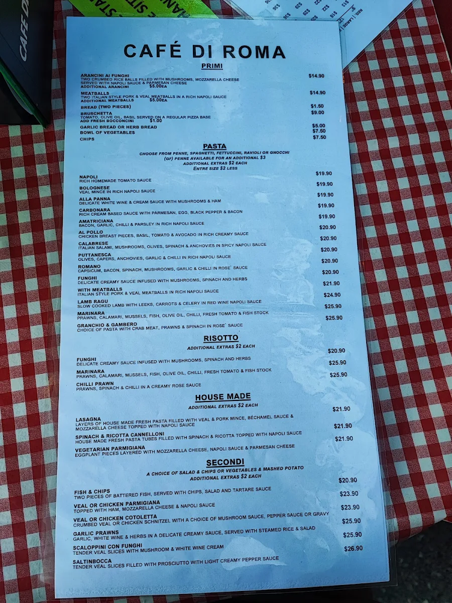 Menu, Cafe Di Roma