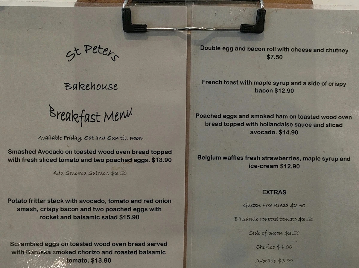Menu, St Peters Bakehouse & Coffee Shop