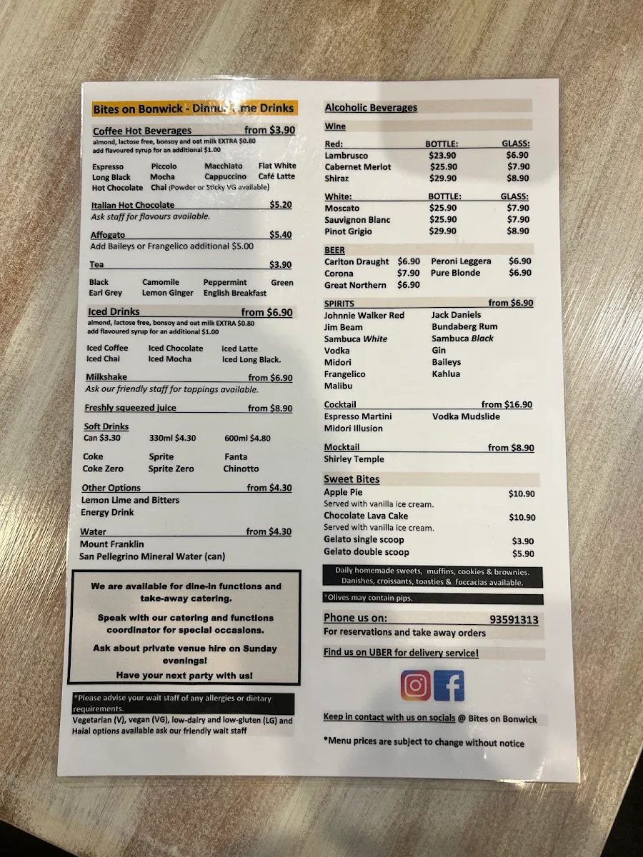 Menu, Bites on Bonwick