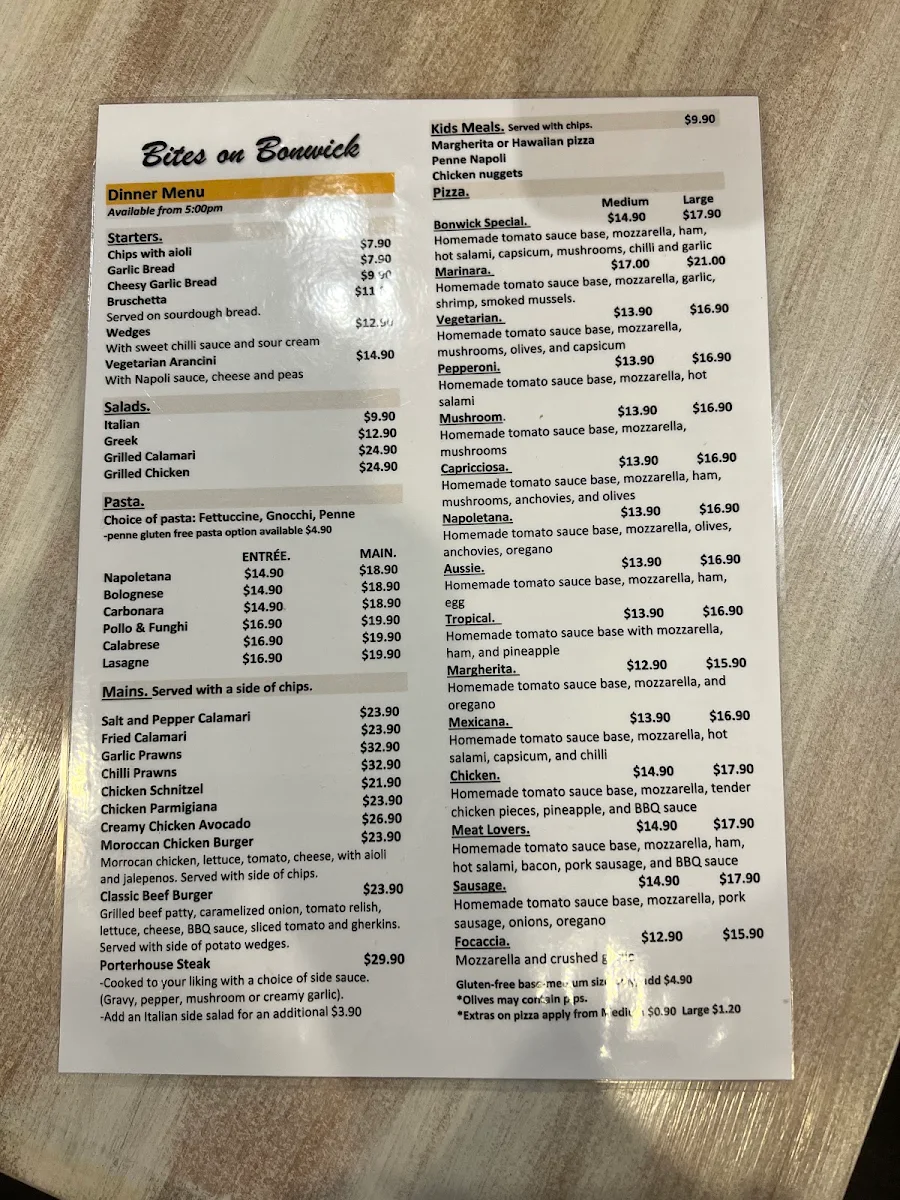 Menu, Bites on Bonwick