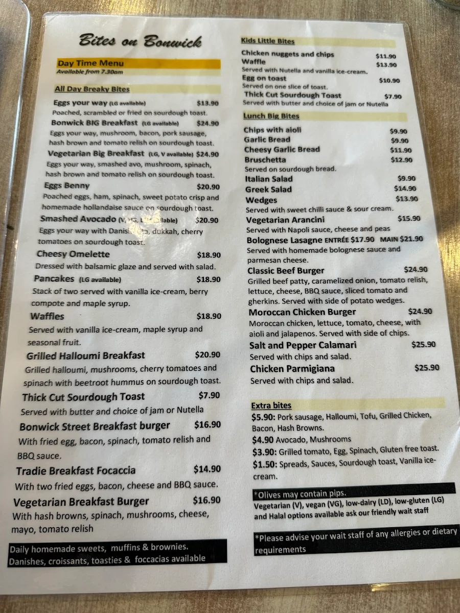 Menu, Bites on Bonwick