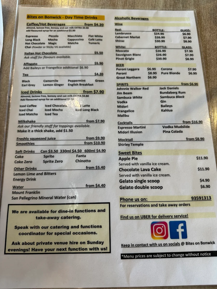 Menu, Bites on Bonwick