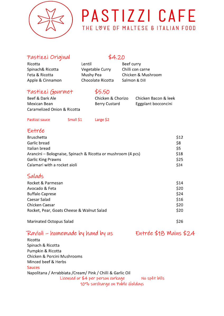 Menu, Pastizzi Cafe - North King Street