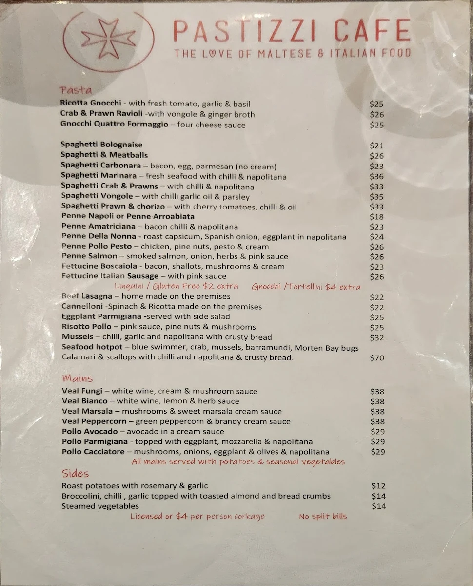 Menu, Pastizzi Cafe - North King Street