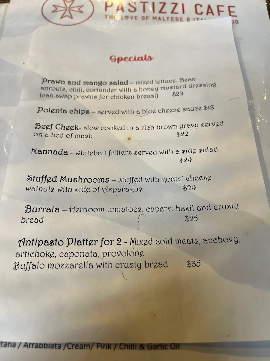 Menu, Pastizzi Cafe - North King Street