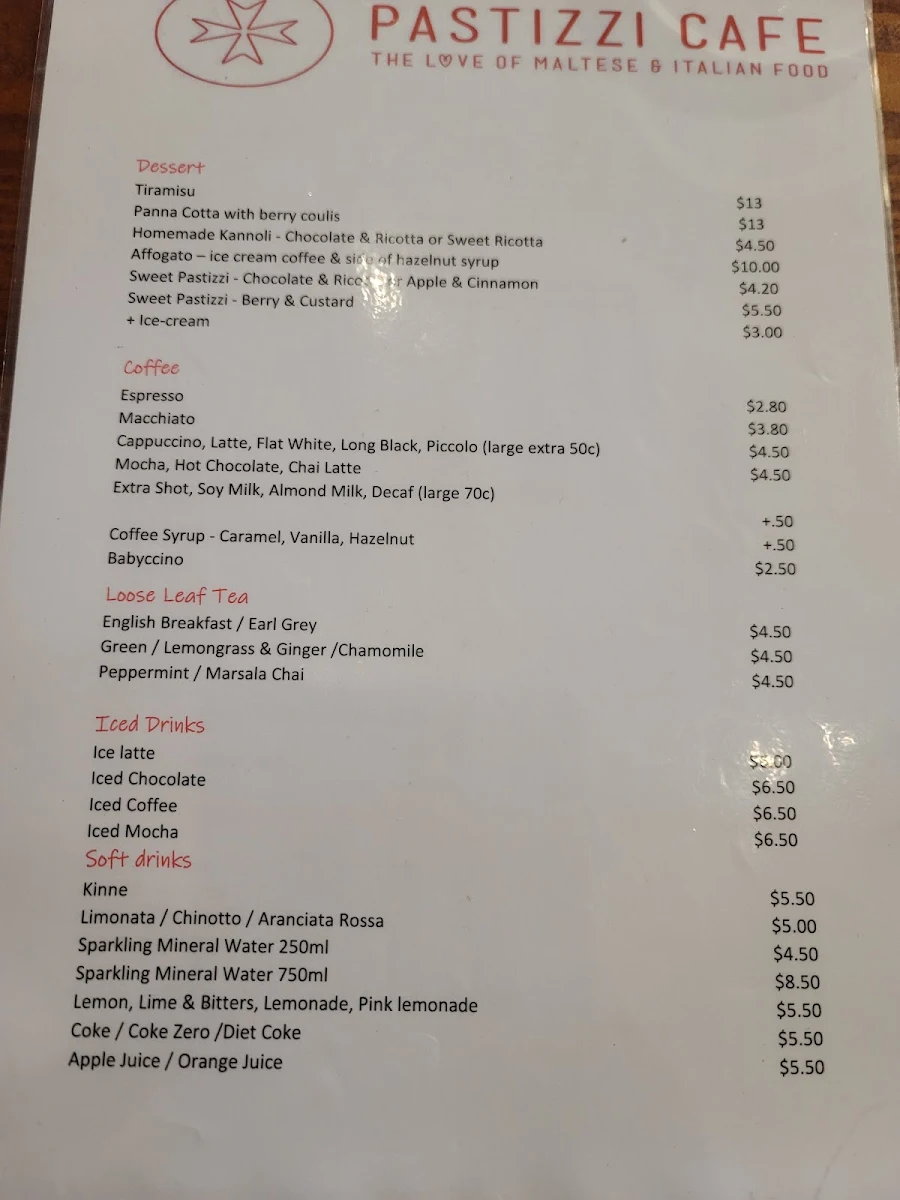 Menu, Pastizzi Cafe - North King Street