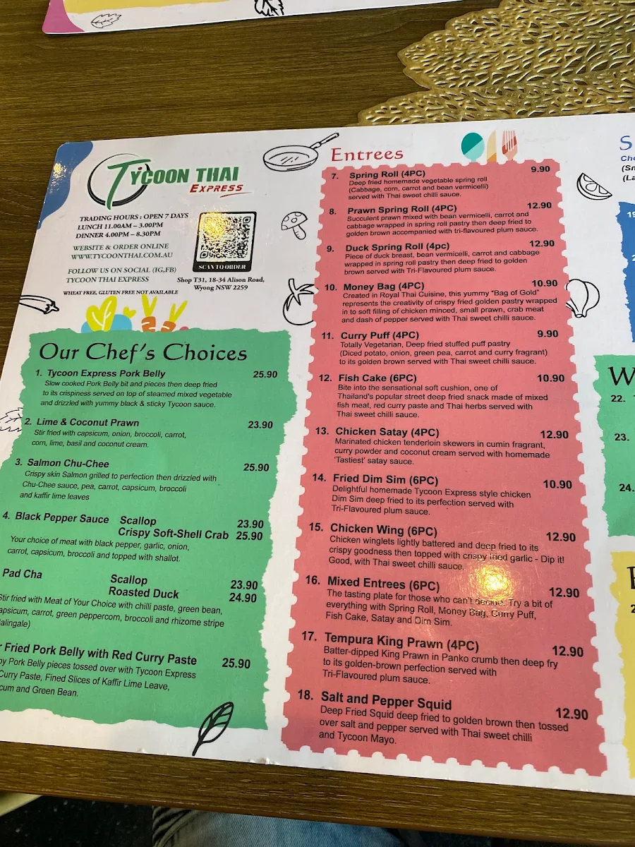 Menu, Tycoon Thai Express (Wyong)
