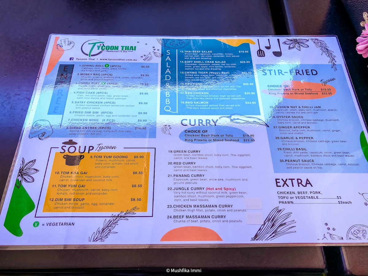 Menu, Tycoon Thai Express (Wyong)