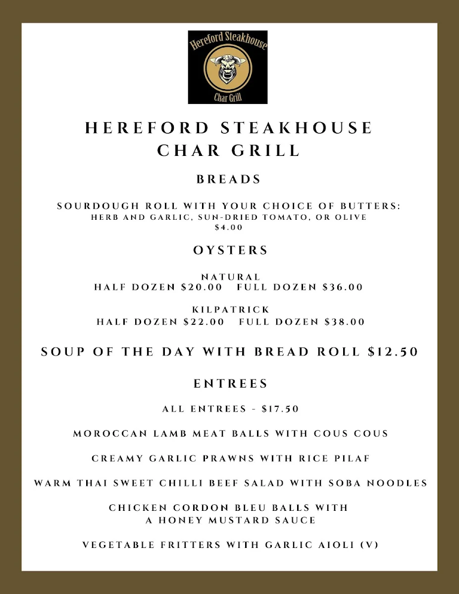 Menu, Hereford Steakhouse Char Grill
