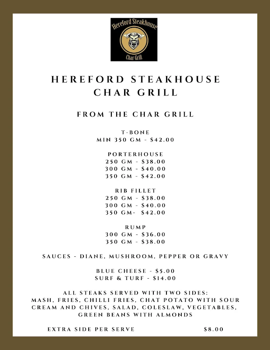 Menu, Hereford Steakhouse Char Grill