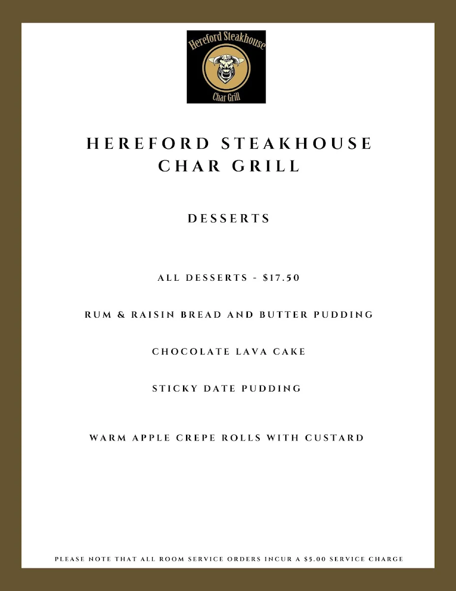Menu, Hereford Steakhouse Char Grill