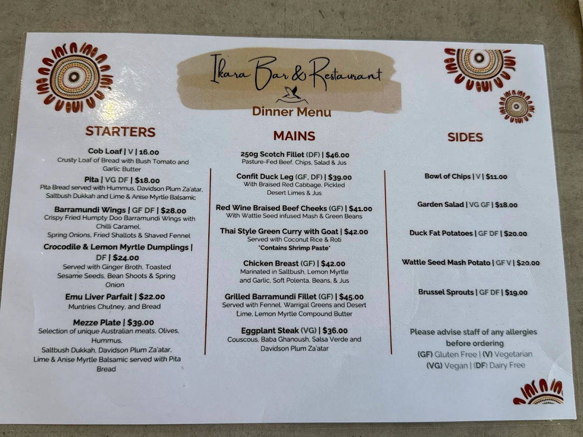 Menu, Ikara Bar & Restaurant
