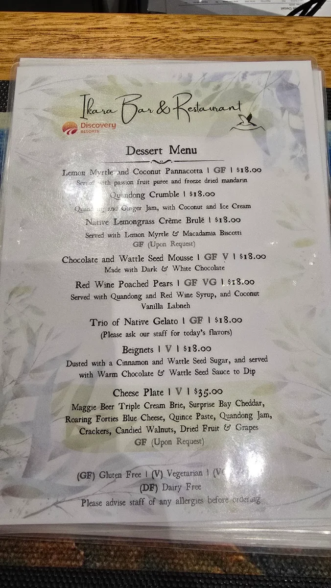 Menu, Ikara Bar & Restaurant