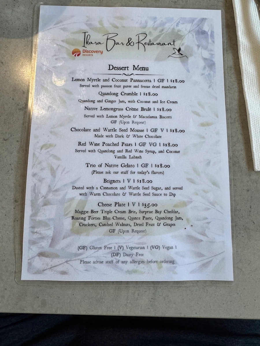 Menu, Ikara Bar & Restaurant