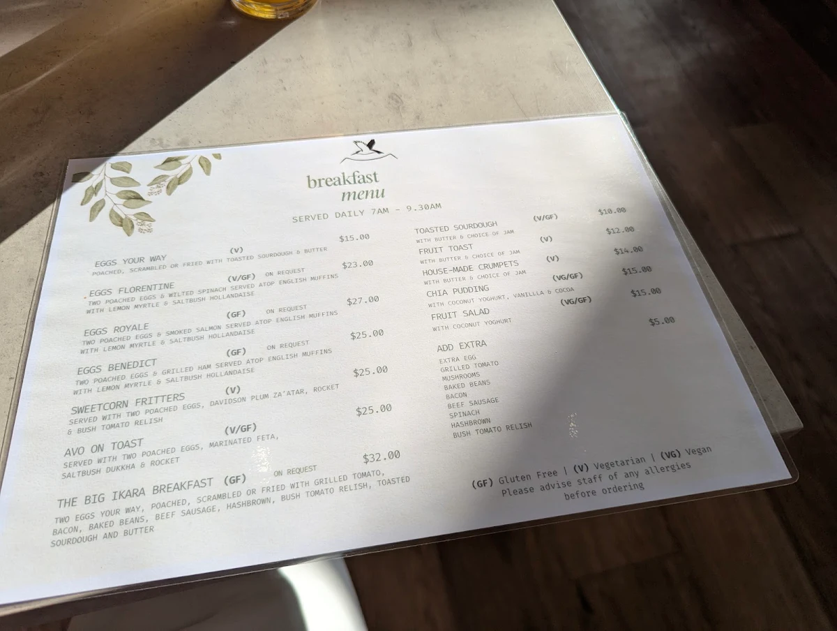 Menu, Ikara Bar & Restaurant