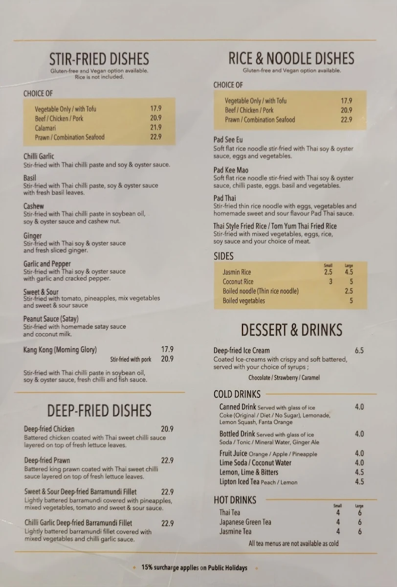 Menu, Cafe Thailand