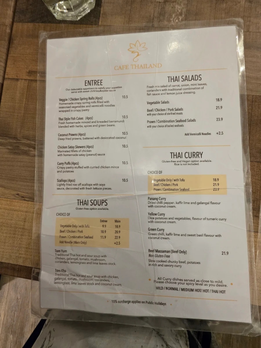 Menu, Cafe Thailand