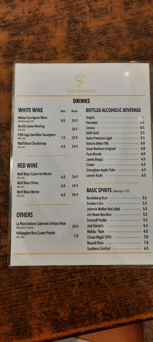 Menu, Cafe Thailand