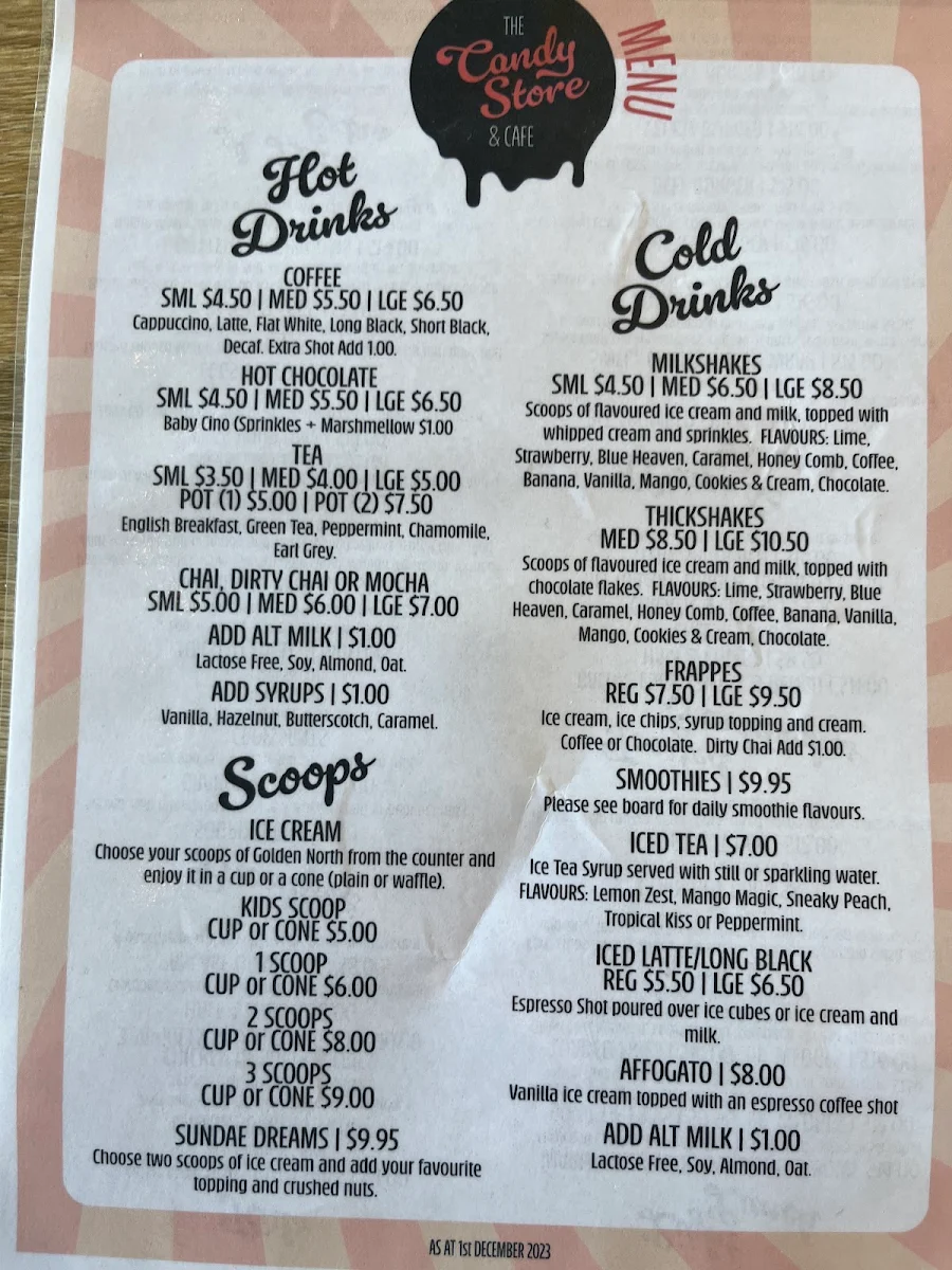Menu, The Candy Store & Cafe