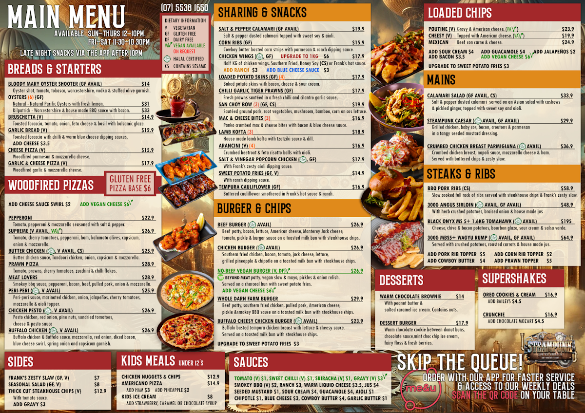 Menu, Steampunk Surfers Paradise
