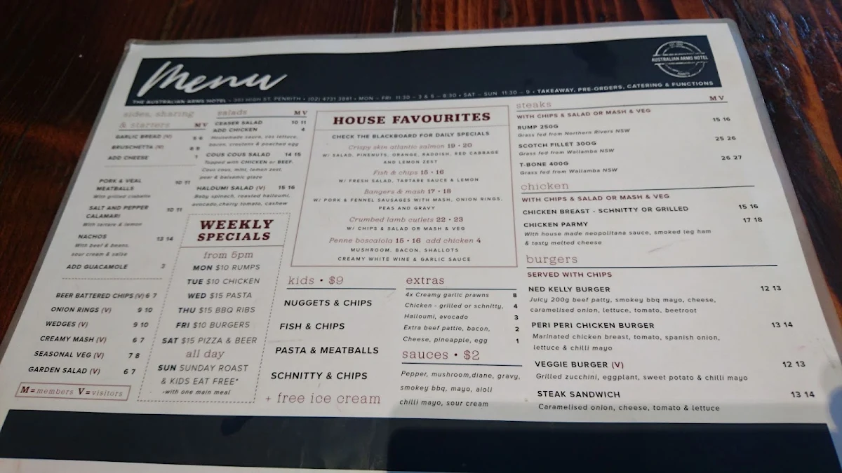 Menu, The Australian Arms Hotel