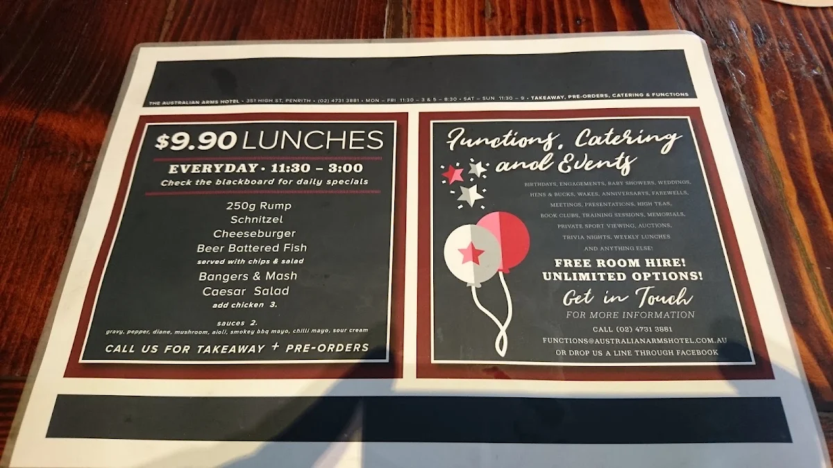Menu, The Australian Arms Hotel