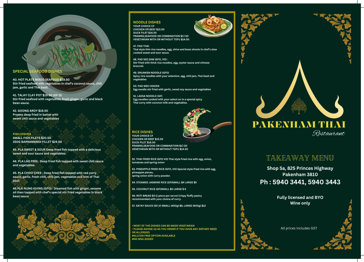 Menu, Pakenham Thai Restaurant