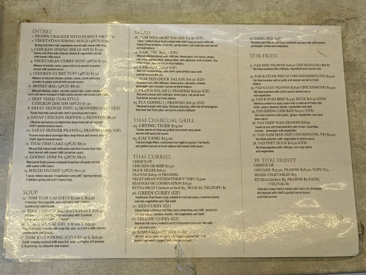 Menu, Pakenham Thai Restaurant