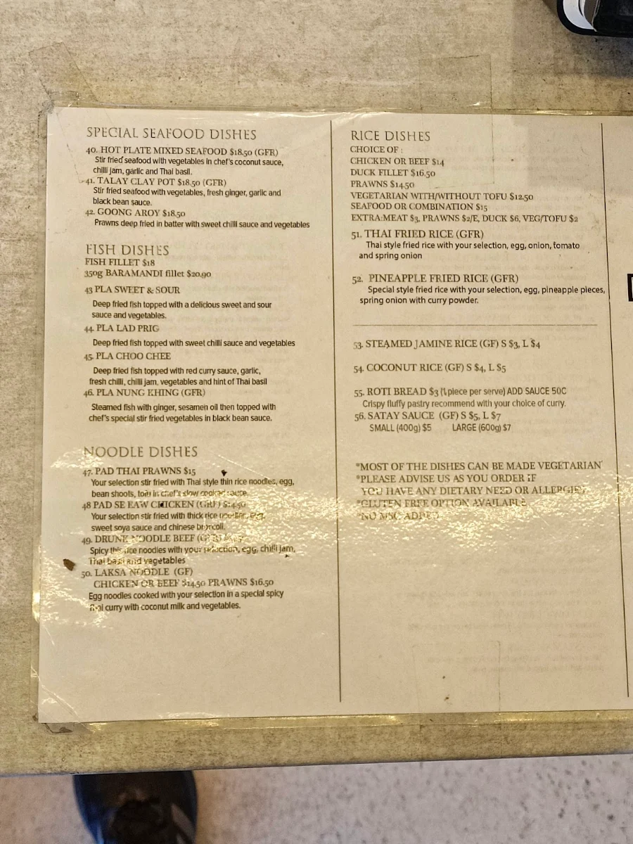 Menu, Pakenham Thai Restaurant