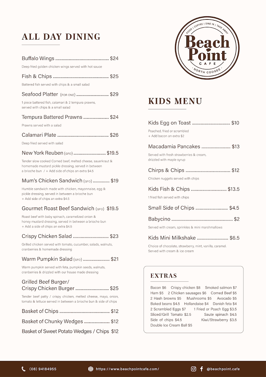 Menu, Beachpoint Cafe