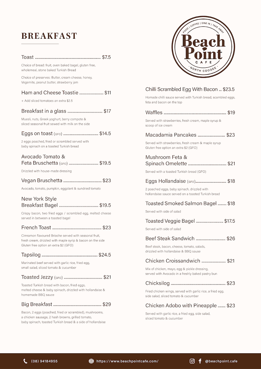 Menu, Beachpoint Cafe