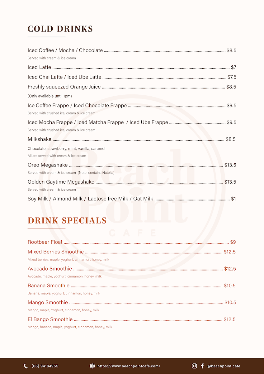 Menu, Beachpoint Cafe