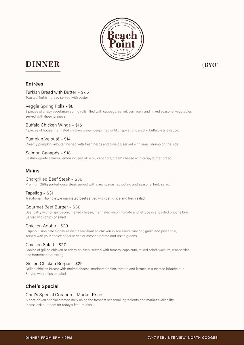 Menu, Beachpoint Cafe