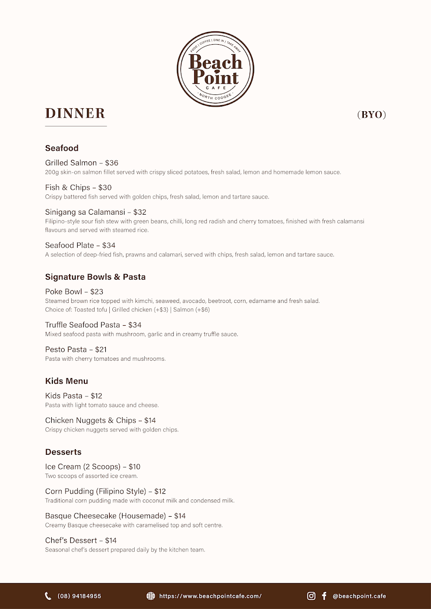 Menu, Beachpoint Cafe