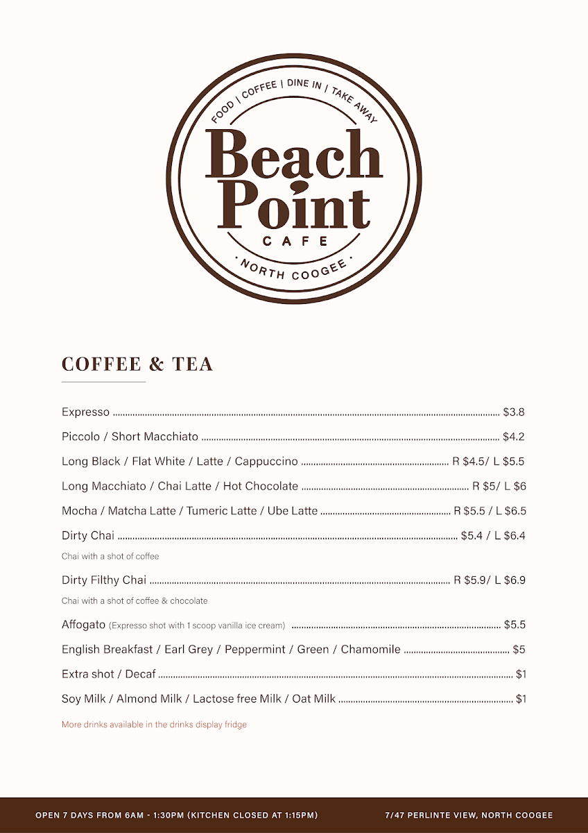 Menu, Beachpoint Cafe